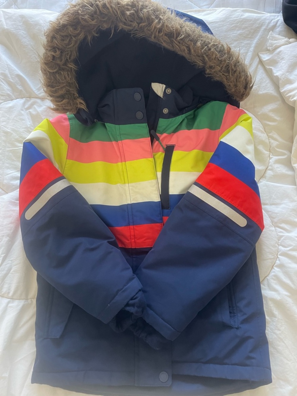 Kids Multicolor Stripe Winter Jacket+ pants with Faux Fur Hood
